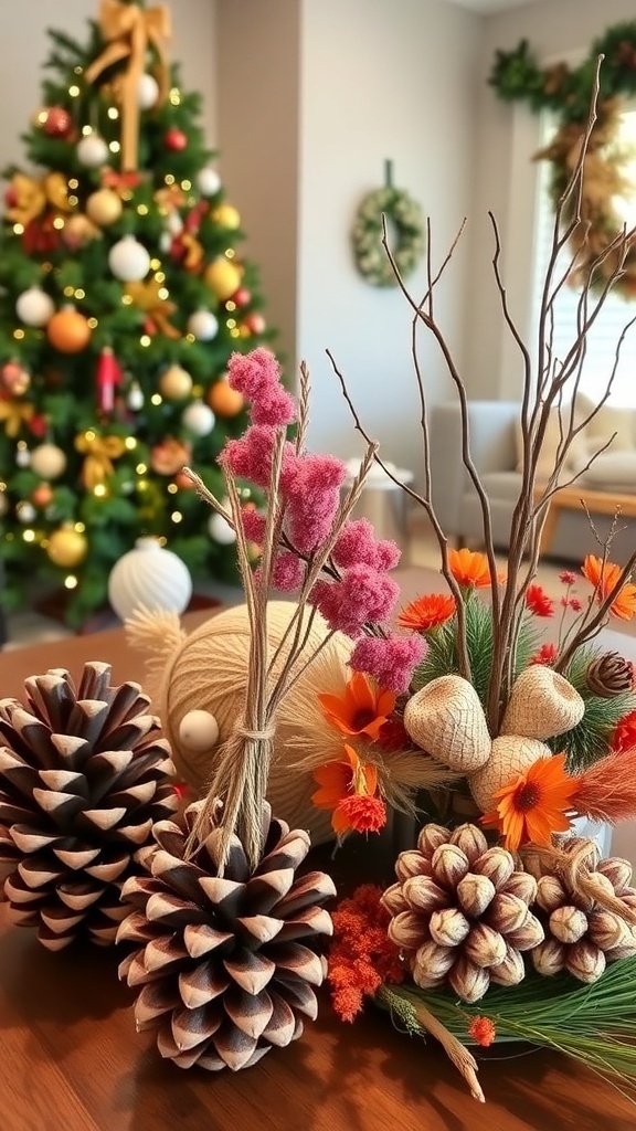 DIY native-inspired Christmas decorations including pinecones and twigs displayed in a cozy living room.